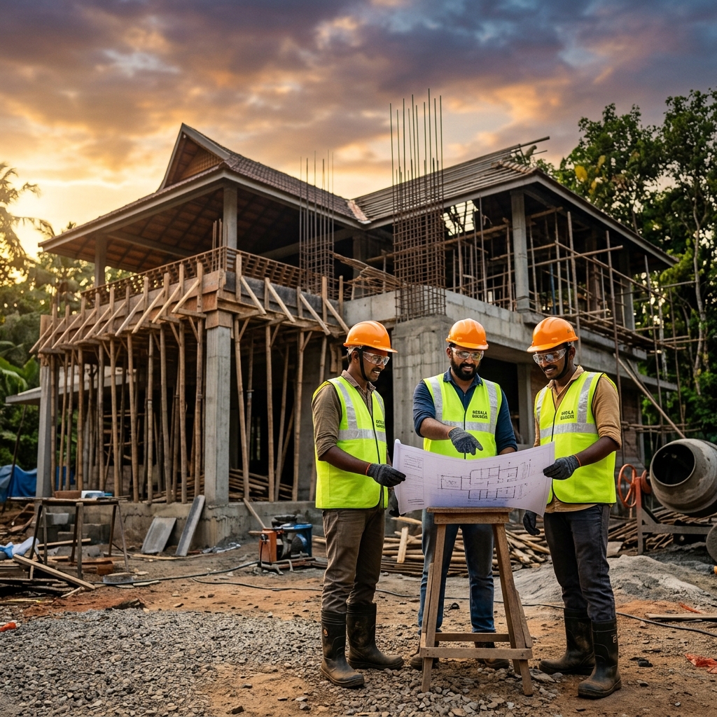 Professional Construction Workers with Safety Gear reviewing Engineering Plans – Ideal Nirmaan